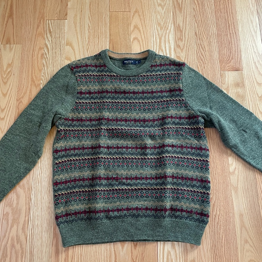 Men’s Nautica Christmas Holiday Green Fair Isle Long-Sleeve Crewneck Sweater